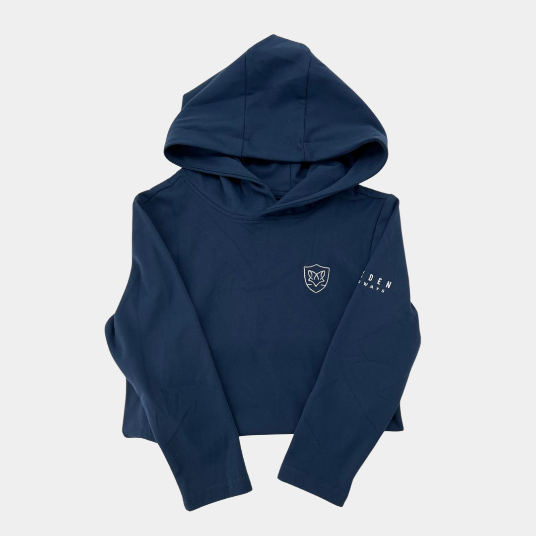 Kids wearing the Navy Classic Pullover Hoodie from Foxden Fairways. A cozy, stylish navy blue hoodie perfect for young golfers, providing comfort on and off the course