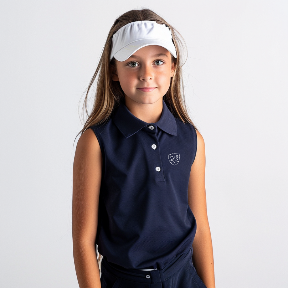 Girls Navy Foxden Classic sleeveless polo from Foxden Fairways. A stylish, tailored navy blue polo designed for young golfers, providing comfort and sophistication on the course